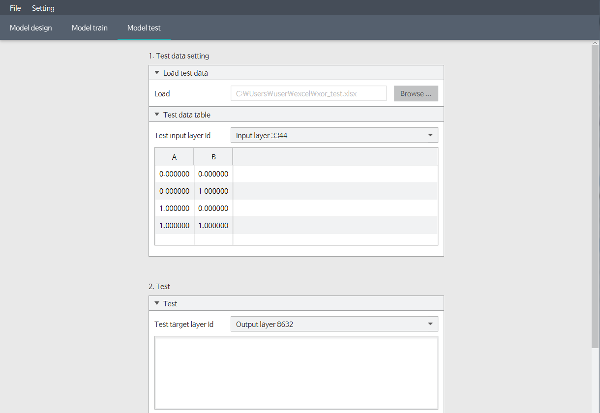 xor problem - test model - loaded test data